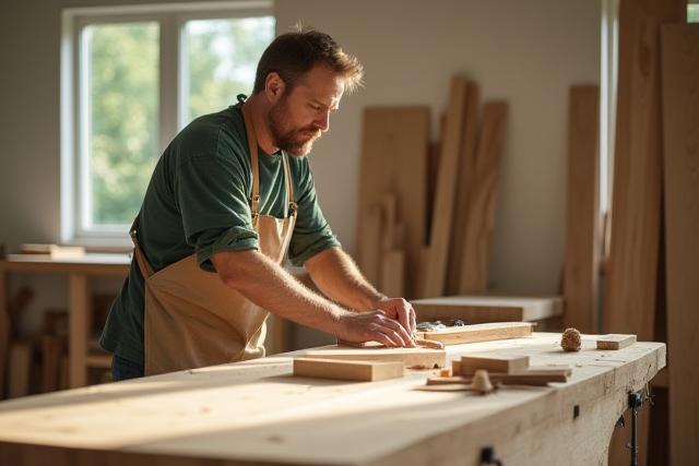Snickare som arbetar i en ljus, modern verkstad, belysning faller på trädetaljer.